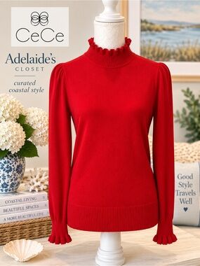 CeCe Red Ruffle Mock Neck Puff Sleeve Sweater – Medium